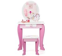 RELAX4LIFE Tocador de Maquillaje para Niñas con Taburete, Espejo Extraíble y Cajón, Mesa de Estilo Princesa con Esquinas Redondeadas, Regalo Rosa