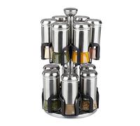 Relaxdays 0 Especiero Giratorio, 12 Botes Especias, Acero Inoxidable, Cristal, Estante Apto Lavavajillas, Plateado y Negro, 1 Pieza