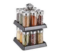 Relaxdays 0 Especiero Giratorio, Organizador Especias Rotatorio, 16 Botes con Tamiz, 27 x 16,5 x 16,5 cm, Plateado y Negro, Acero Inoxidable, 1 Pieza