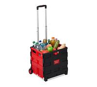 Relaxdays 1 Carrito Compra Plegable, 2 Ruedas, Caja Transporte, hasta 35 kg, 98 x 45,5 x 37 cm, Plástico-Aluminio, Rojo