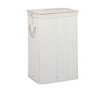 Relaxdays 1 Cesto Ropa Sucia Plegable, Cubo Colada Rectangular con Tapa, Bambú, 83L, 65,5 x 43,5 x 33,5 cm, Blanco