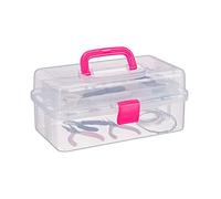 Relaxdays 1 Estuche de plástico, Organizador con Nueve Compartimentos, Asas, Cierre Click, 14 x 33 x 19 cm, Rosa