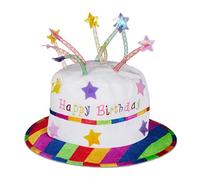 Relaxdays Gorro Cumpleaños, Sombrero Tarta de Peluche con Velas, Para Fiestas, Poliéster, 1 Ud., Blanco y Multicolor