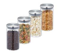 Relaxdays 1000 ml Botes Cristal, Set 4, Recipientes Cocina, Tapa Acero Inoxidable, Tarros Herméticos, Transparente/Plata, Silicona