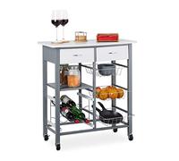 Relaxdays 10025972 Carrito Cocina con 2 Cajones, 3 Cestos, Botellero y Encimera, Camarera, DM y Metal, 84 x 76 x 40 cm, Blanco