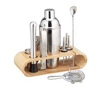 Relaxdays 10028844 Set de coctelería, Kit Profesional de Barman, Coctelera, Pinzas, Acero, 1 Pack, Plateado & Marrón, Bambú