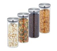 Relaxdays 1300 ml Botes Cristal, Set 4, Recipientes Cocina, Tapa Acero Inoxidable, Tarros Herméticos, Transparente/Plata