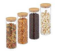 Relaxdays 1600 ml Botes Cristal, Set 4, Recipientes Cocina Grandes, Tapa Bambú, Tarros Herméticos, Transparente/Natural