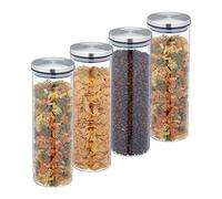 Relaxdays 1600 ml Botes Cristal, Set 4, Recipientes Cocina, Tapa Acero Inoxidable, Tarros Herméticos, Transparente/Plata