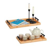 Relaxdays Set 2 Bandejas de Bambú Rectangulares, con Asas, Borde Alto, Cocina, Desayuno, 7x50x30cm y 7x43x26cm, Natural, Tablero de Fibras