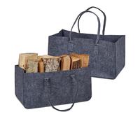 Relaxdays 2er Set Kaminholztasche aus Filz 2 Bolsas para Leña XXL, Cesta Almacenaje con Asas, 28l, Leñero Fieltro Resistente, Zapatero, Revistero, Gris, 25 x 50 x 25 cm