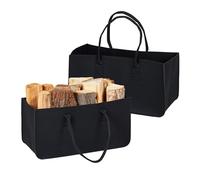 Relaxdays 2 Bolsas para Leña XXL, Cesta de Almacenaje, 28 l, Leñero Fieltro Resistente, Revistero con Asas, Negro, 25 x 50 x 25 cm