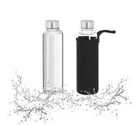 Relaxdays Juego 500 ml 2 Botellas Agua Reutilizables 500ml, con Funda, Térmicas, Vidrio Borosilicato, 5x6,5cm, Transparente/Negro, Caucho, 23,5 x 6,5 x 6,5 cm
