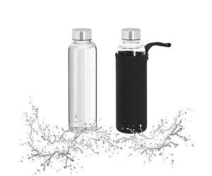 Relaxdays 2 Botellas Agua Reutilizables 500ml, con Funda, Térmicas, Vidrio Borosilicato, 23,5x6,5cm, Transparente/Negro