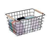 Relaxdays 2 Cestas Metálicas Rejilla Alambre con Asas Madera, Canasto Almacenaje Rectangular, 16x31x21cm, Negro