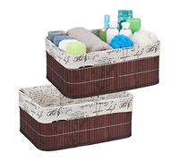 Relaxdays 2 Cestos Almacenamiento, Funda Tela Retro, Bambú, Rectangulares, Cestas Estante Baño, 16,5x38x28,5cm, Marrón