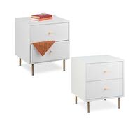 Relaxdays 2 Mesitas de Noche con 2 Cajones, Mesilla Dormitorio, Mesas Auxiliares de Cama, 52 x 45 x 40 cm, Blanco/Dorado