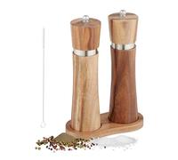 Relaxdays 2 Molinillos Sal y Pimienta Manuales, Especias Muela Cerámica, con Bandeja, Madera, Acrílico, Marrón/Plata