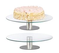 Relaxdays 2 Platos Giratorio de Cristal para Tartas, Soporte Pasteles, Cupcakes, Expositor Pie Acero, 30cm, Transparente