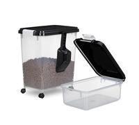 Relaxdays 2 Recipientes Comida para Perros, Cajas Pienso Mascotas, 10L y 30L, Tapa, Ruedas y Pala, Transparente/Negro