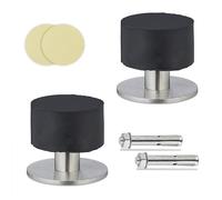 Relaxdays 2 Topes Puerta, Sujeta Puertas para Atornillar o Pegar, Suelo o Pared, Goma y Acero Inoxidable, Negro/Plateado