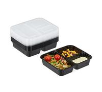 Relaxdays 20 Cajas de Comida, 3 Compartimentos, 1000 ml, aptas para microondas, Cajas de plástico con Tapa, Color Negro, en Set
