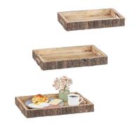 Relaxdays 3 Bandejas Rectangulares de Madera de Mango, con Asas, Desayuno, Decorativas, Diferentes Tamaños, Natural, 5 x 46,5 x 31,5 cm