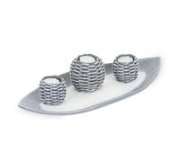 Relaxdays Portavelas, Set con Bandeja, 3 Candeleros y Arena Decorativa, Centro de Mesa Salón, Velas, Gris y Blanco, 7,5 x 39 x 16 cm