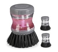 Relaxdays 3 Cepillos para Fregar Platos, Dispensador de Lavavajillas, 60 ml, Redondo, para Lavar Ollas y Sartenes, Gris, 9 x 7 cm, 3