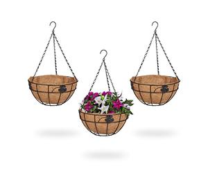 Relaxdays 3 Macetas Colgantes, Cestas de Coco y Metal, 48x31 cm, Plantas Suspendidas, Interior y Exterior, Marrón/Negro