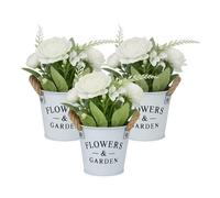 Relaxdays 3 Ramos de Flores Artificiales en Maceta, Plantas Plástico, Dalias, Rosas Decorativas, 21 x 18 cm, Blanco
