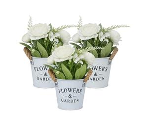 Relaxdays 3 Ramos de Flores Artificiales en Maceta, Plantas Plástico, Dalias, Rosas Decorativas, 21 x 18 cm, Blanco