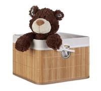 Relaxdays 3 x Cajas de almacenaje de bambú natural blanco,marrón claro,plata