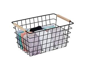 Relaxdays 4 Cestas Metálicas Rejilla Alambre con Asas Madera, Canasto Almacenaje Rectangular, 16x31x21cm, Negro