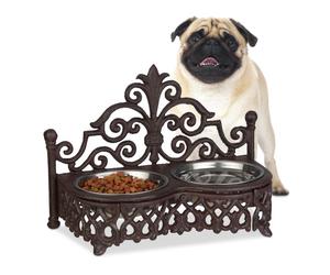 Relaxdays 4 comederos perro doble vintage marrón oscuro,plata