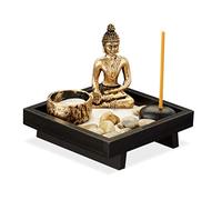 Relaxdays 4 Jardines Zen, Budas, Piedras, Arena, Inciensos y Portavelas, Decoración Feng Shui, Madera-Plástico, Negro