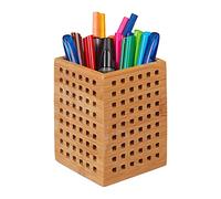 Relaxdays 4 Lapiceros de bambú, Caja de Madera, Organizador de Escritorio, Vintage, 11x9x9 cm, Marrón