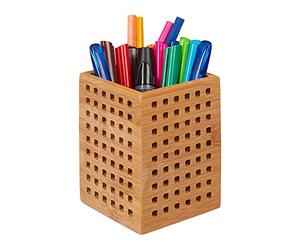 Relaxdays 4 Lapiceros de bambú, Caja de Madera, Organizador de Escritorio, Vintage, 11x9x9 cm, Marrón