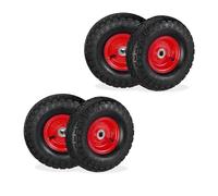 Relaxdays 4 Ruedas de Carro, 4.10/3.50-4, Neumáticas, Eje 16 mm, 136 kg, Llantas de Acero, 260 x 85 mm, Negro y Rojo, Caucho