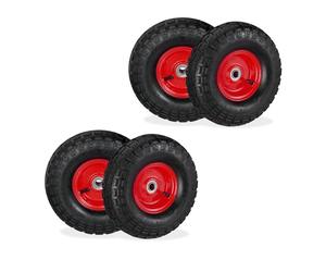 Relaxdays 4 Ruedas de Carro, 4.10/3.50-4, Neumáticas, Eje 16 mm, 136 kg, Llantas de Acero, 260 x 85 mm, Negro y Rojo