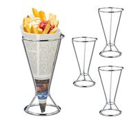 Relaxdays Soporte Patatas Fritas, Set de 4 Apoyos para Conos de Comida de Acero Inoxidable, 16 x 9,5 cm, Embutido, Plata