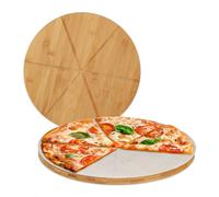 Relaxdays Set 4 Tablas para Pizza, Plato Cortar y Servir Pan, Ranuras, Redondo, Ø33cm, 100 Láminas Papel Horno, Bambú, Natural