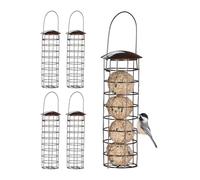 Relaxdays 5 Comederos Pájaros Bolas Grasa, Alimentador Colgante, Soporte Frutas y Sebo con Techo, 31x8,5 cm, Metal, Marrón