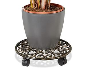 Relaxdays 5 Soportes Redondos con 4 Ruedas para Plantas Hecho de Hierro Fundido Resistentes a la Intemperie, Ø 33,5 cm, Bronce