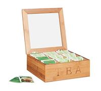 Relaxdays, 5 x 22 x 22 cm Estuche de bambú para té, Nueve Compartimentos, Cuadrado, Ventana Transparente, Marrón, 8
