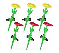 Relaxdays 6 Aspersores Césped, Diseño Flor, Pulverizador Jardín, Sistema Riego con Estaca Suelo, 34x10 cm, Rojo/Amarillo