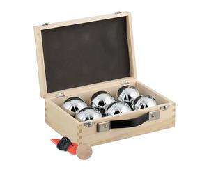 Relaxdays 6 Bolas de Petanca Acero, Cuerda de Medición y Maletín de Madera, Juego Boccia, 72 mm, Natural/Plateado