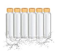 Relaxdays 6 Botellas Agua Reutilizables 500ml, Vidrio Borosilicato, con Funda, Tapa Bambú Hermética, Transparente/Negro, Silicona, 24 x 7,5 cm