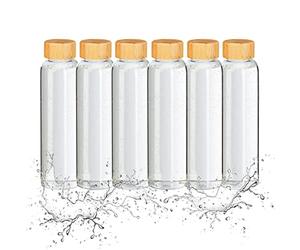 Relaxdays 6 Botellas Agua Reutilizables 500ml, Vidrio Borosilicato, con Funda, Tapa Bambú Hermética, Transparente/Negro