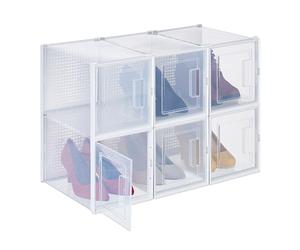 Relaxdays 6 Cajas Zapatos, Talle 42, Apilables, Calzado Tacón Alto, Orificios Ventilacón, Plástico, Transparente/Blanco